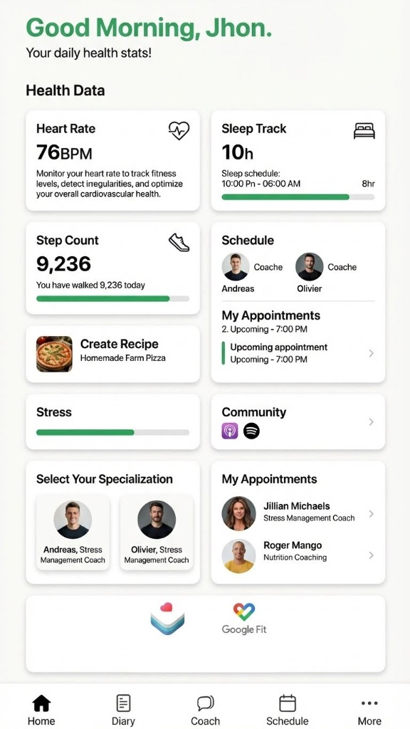 ideyaLabs iHealthCoach Dashboard showing Daily Health Stats
