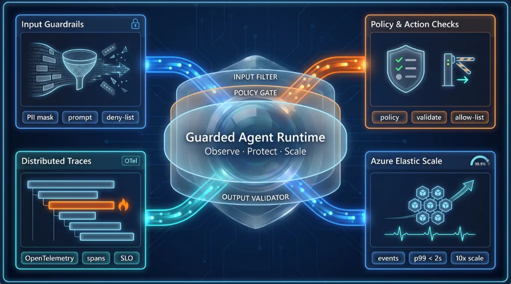 Guarded agent runtime with input guardrails, policy and action checks, distributed traces, and elastic scale on Azure