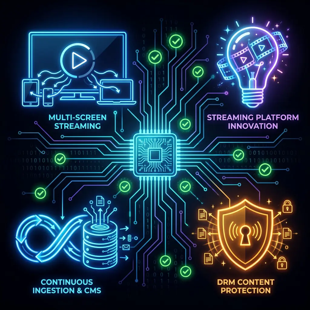 Premium OTT App Development and Media Streaming Solutions Illustration