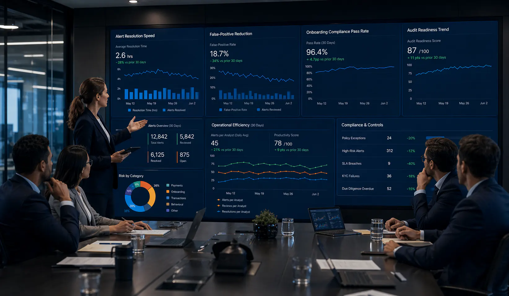 Compliance leadership reviewing risk and audit performance metrics