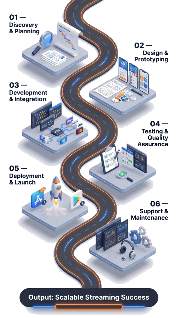 6-Step OTT App Development Process Roadmap Diagram